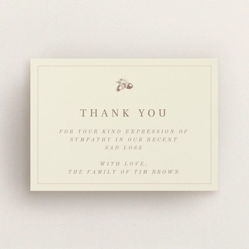 Funeral Thank You Card Design - "Go is a mighty oak" A funeral thank you card design named "Go is a mighty oak". It is an A6 card in a landscape orientation. "Go is a mighty oak" is available as a flat card, with mainly dark cream colouring.