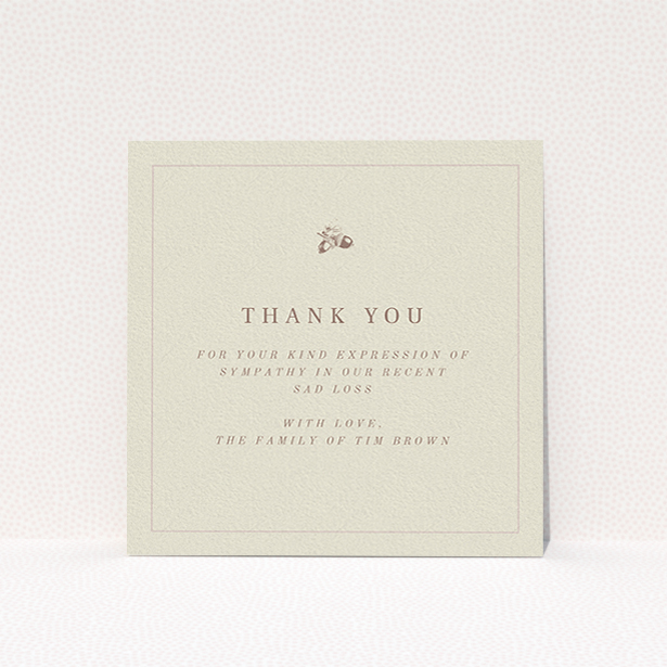 A funeral thank you card design called "Go is a mighty oak". It is a square (148mm x 148mm) card in a square orientation. "Go is a mighty oak" is available as a flat card, with mainly dark cream colouring.