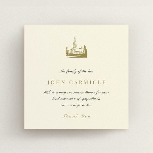 Funeral Thank You Card Design - "Golden Church" A funeral thank you card template titled "Golden Church". It is a square (148mm x 148mm) card in a square orientation. "Golden Church" is available as a flat card, with tones of cream and gold.