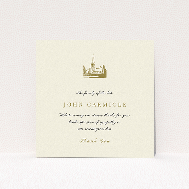 A funeral thank you card template titled "Golden Church". It is a square (148mm x 148mm) card in a square orientation. "Golden Church" is available as a flat card, with tones of cream and gold.
