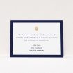 A funeral thank you card named "Golden sundial". It is an A6 card in a landscape orientation. "Golden sundial" is available as a flat card, with tones of navy blue and white.