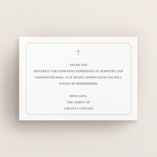 Funeral Thank You Card Design - "Great simplicity" A funeral thank you card called "Great simplicity". It is an A6 card in a landscape orientation. "Great simplicity" is available as a flat card, with mainly white colouring.