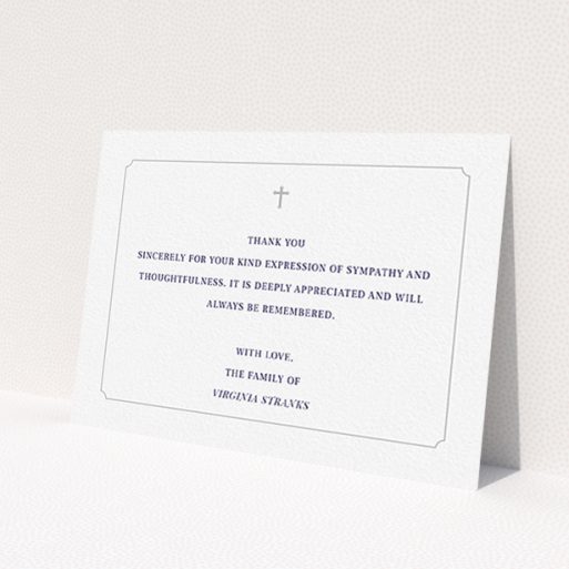 A funeral thank you card called 'Great simplicity'. It is an A6 card in a landscape orientation. 'Great simplicity' is available as a flat card, with mainly white colouring.