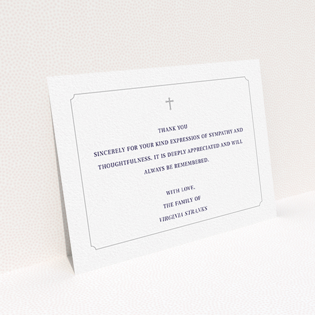 A funeral thank you card called "Great simplicity". It is an A6 card in a landscape orientation. "Great simplicity" is available as a flat card, with mainly white colouring.