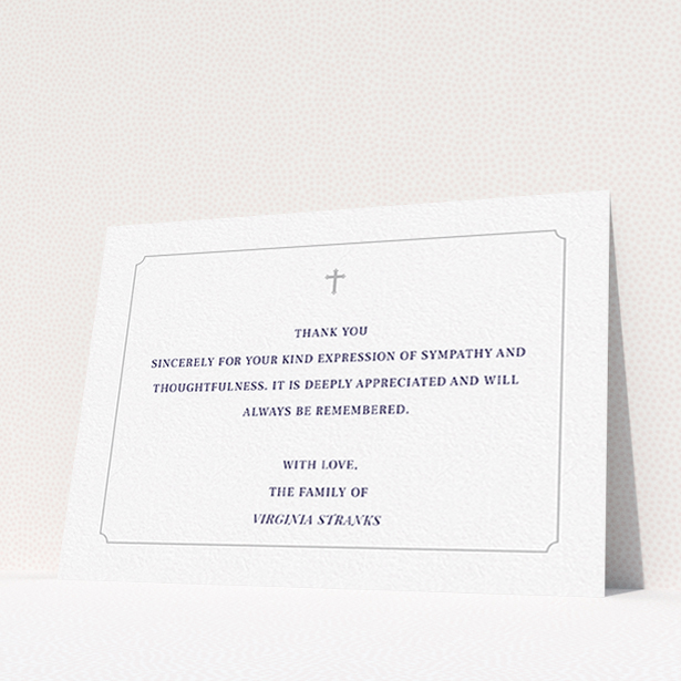 A funeral thank you card called "Great simplicity". It is an A6 card in a landscape orientation. "Great simplicity" is available as a flat card, with mainly white colouring.