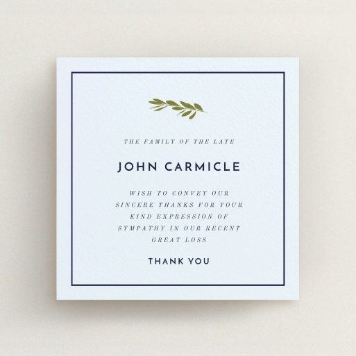 Funeral Thank You Card Design - "Green Stamp of the tree" A funeral thank you card design titled "Green Stamp of the tree". It is a square (148mm x 148mm) card in a square orientation. "Green Stamp of the tree" is available as a flat card, with mainly white colouring.