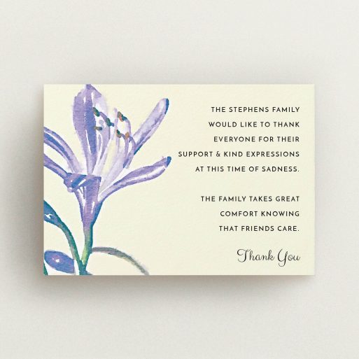 Funeral Thank You Card Design - "Impression of the Violet" A funeral thank you card design titled "Impression of the Violet". It is an A6 card in a landscape orientation. "Impression of the Violet" is available as a flat card, with tones of cream, purple and green.