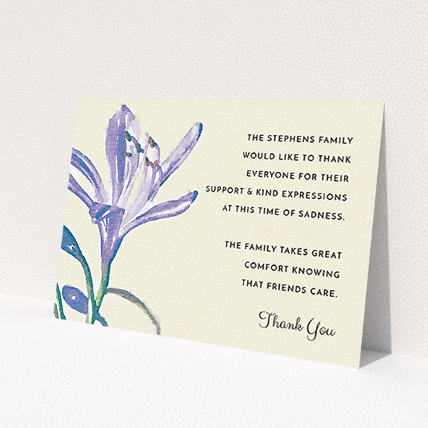 A funeral thank you card design titled "Impression of the Violet". It is an A6 card in a landscape orientation. "Impression of the Violet" is available as a flat card, with tones of cream, purple and green.