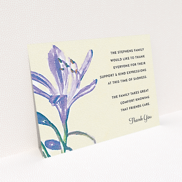 A funeral thank you card design titled "Impression of the Violet". It is an A6 card in a landscape orientation. "Impression of the Violet" is available as a flat card, with tones of cream, purple and green.