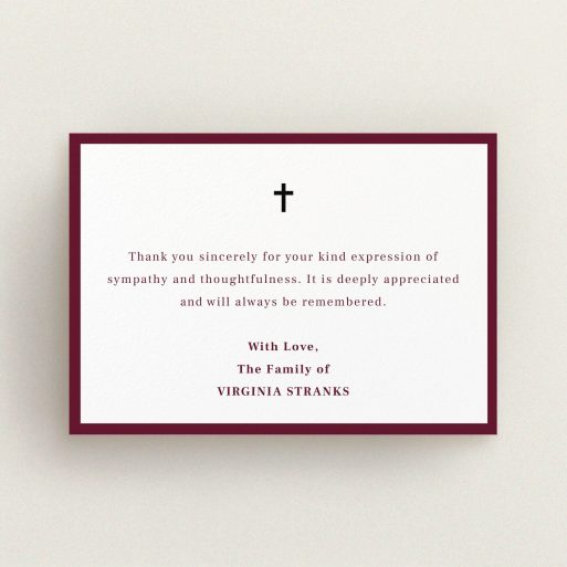 Funeral Thank You Card Design - "Marooning across" A funeral thank you card called "Marooning across". It is an A6 card in a landscape orientation. "Marooning across" is available as a flat card, with tones of burgundy and white.