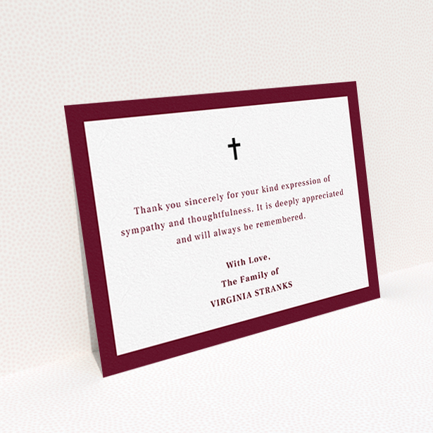 A funeral thank you card called "Marooning across". It is an A6 card in a landscape orientation. "Marooning across" is available as a flat card, with tones of burgundy and white.