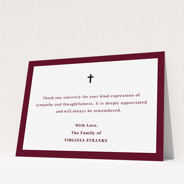 A funeral thank you card called "Marooning across". It is an A6 card in a landscape orientation. "Marooning across" is available as a flat card, with tones of burgundy and white.