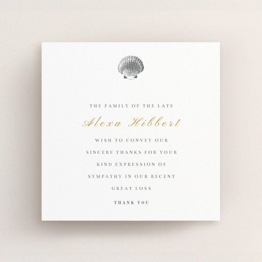 Funeral Thank You Card Design - "On the beach" A funeral thank you card called "On the beach". It is a square (148mm x 148mm) card in a square orientation. "On the beach" is available as a flat card, with tones of white and gold.