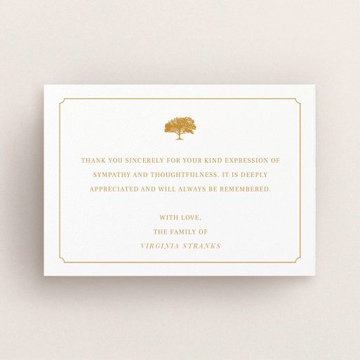 Funeral Thank You Card Design - "Orange oak" A funeral thank you card template titled "Orange oak". It is an A6 card in a landscape orientation. "Orange oak" is available as a flat card, with tones of white and orange.