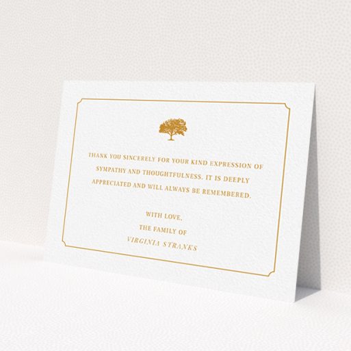 A funeral thank you card template titled 'Orange oak'. It is an A6 card in a landscape orientation. 'Orange oak' is available as a flat card, with tones of white and orange.