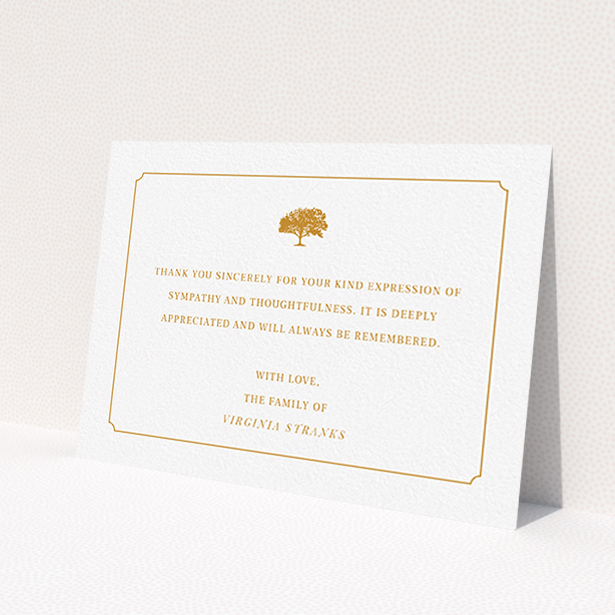 A funeral thank you card template titled 'Orange oak'. It is an A6 card in a landscape orientation. 'Orange oak' is available as a flat card, with tones of white and orange.