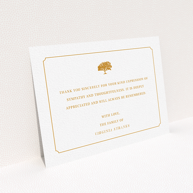 A funeral thank you card template titled "Orange oak". It is an A6 card in a landscape orientation. "Orange oak" is available as a flat card, with tones of white and orange.