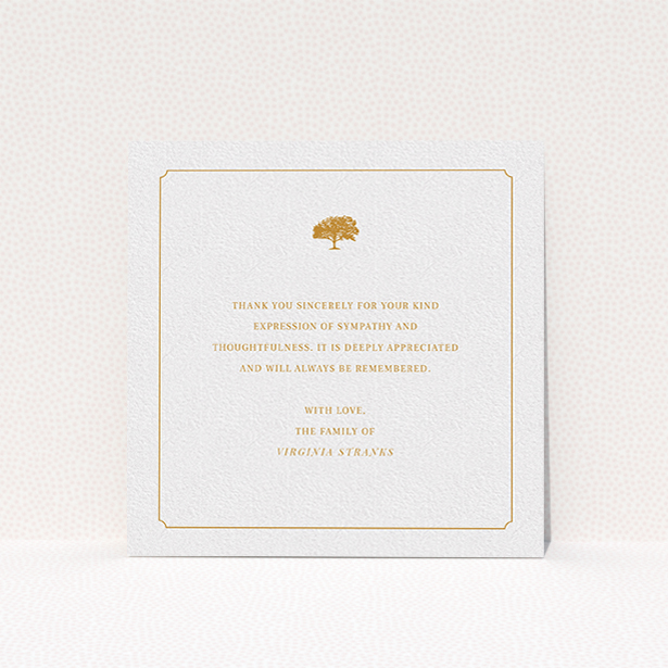 A funeral thank you card design titled "Orange oak". It is a square (148mm x 148mm) card in a square orientation. "Orange oak" is available as a flat card, with tones of white and orange.