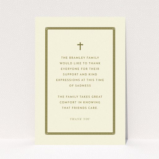 A funeral thank you card template titled "Order of lines". It is an A5 card in a portrait orientation. "Order of lines" is available as a flat card, with tones of cream and gold.