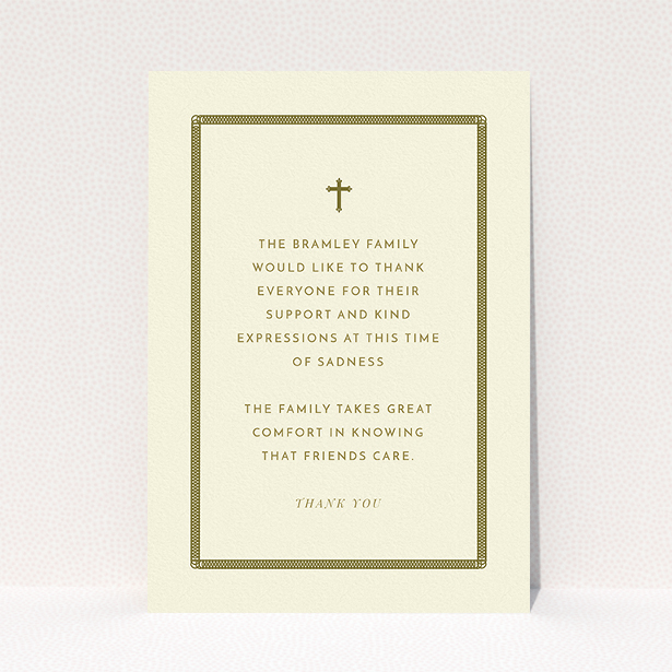 A funeral thank you card template titled "Order of lines". It is an A5 card in a portrait orientation. "Order of lines" is available as a flat card, with tones of cream and gold.