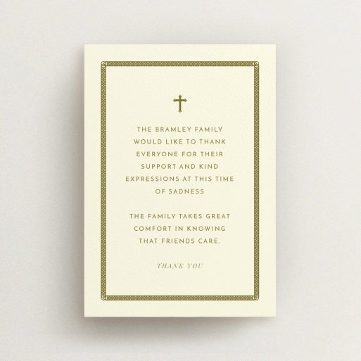 Funeral Thank You Card Design - "Order of lines" A funeral thank you card named "Order of lines". It is an A6 card in a portrait orientation. "Order of lines" is available as a flat card, with tones of cream and gold.