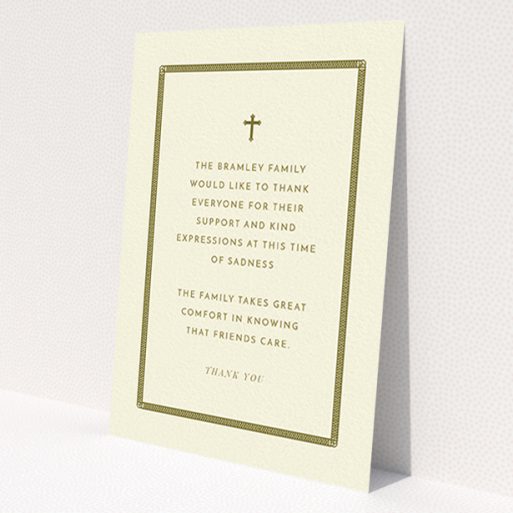 A funeral thank you card named 'Order of lines'. It is an A6 card in a portrait orientation. 'Order of lines' is available as a flat card, with tones of cream and gold.