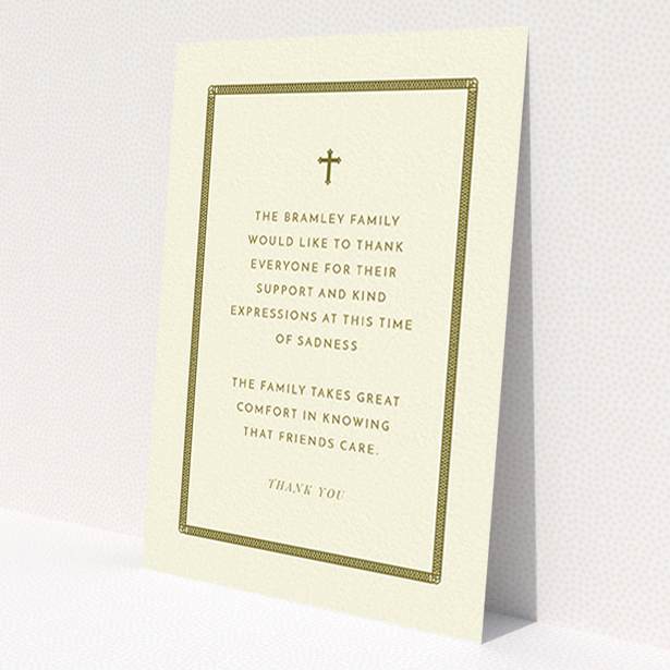 A funeral thank you card named "Order of lines". It is an A6 card in a portrait orientation. "Order of lines" is available as a flat card, with tones of cream and gold.