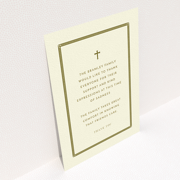 A funeral thank you card named "Order of lines". It is an A6 card in a portrait orientation. "Order of lines" is available as a flat card, with tones of cream and gold.