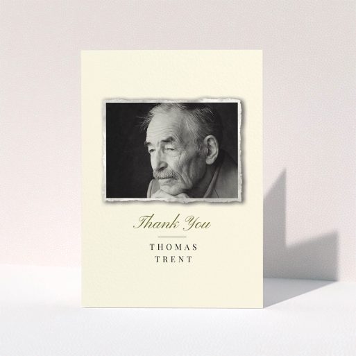 Funeral Thank You Card Design - "Out of the photo album" A funeral thank you card design named "Out of the photo album". It is an A5 card in a portrait orientation. It is a photographic funeral thank you card with room for 1 photo. "Out of the photo album" is available as a folded card, with tones of cream and gold.