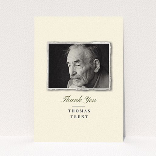 A funeral thank you card design called "Out of the photo album". It is an A6 card in a portrait orientation. It is a photographic funeral thank you card with room for 1 photo. "Out of the photo album" is available as a flat card, with tones of cream and gold.