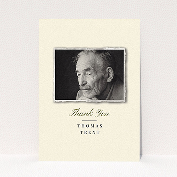 A funeral thank you card design called "Out of the photo album". It is an A6 card in a portrait orientation. It is a photographic funeral thank you card with room for 1 photo. "Out of the photo album" is available as a flat card, with tones of cream and gold.