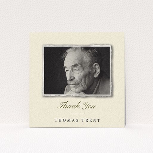 A funeral thank you card called "Out of the photo album". It is a square (148mm x 148mm) card in a square orientation. It is a photographic funeral thank you card with room for 1 photo. "Out of the photo album" is available as a flat card, with tones of cream and gold.