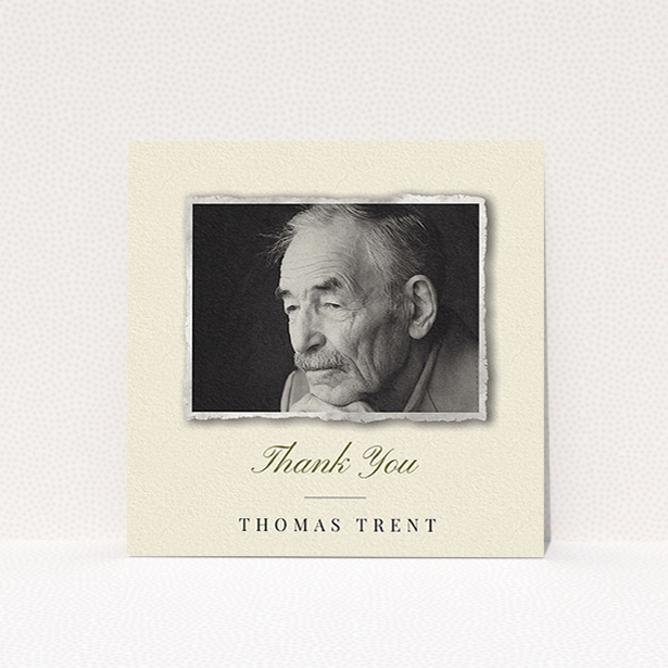 A funeral thank you card called "Out of the photo album". It is a square (148mm x 148mm) card in a square orientation. It is a photographic funeral thank you card with room for 1 photo. "Out of the photo album" is available as a flat card, with tones of cream and gold.