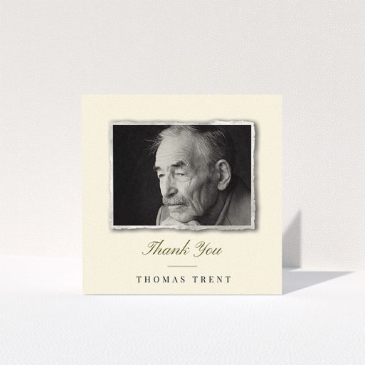 A funeral thank you card design called "Out of the photo album". It is a square (148mm x 148mm) card in a square orientation. It is a photographic funeral thank you card with room for 1 photo. "Out of the photo album" is available as a folded card, with tones of cream and gold.
