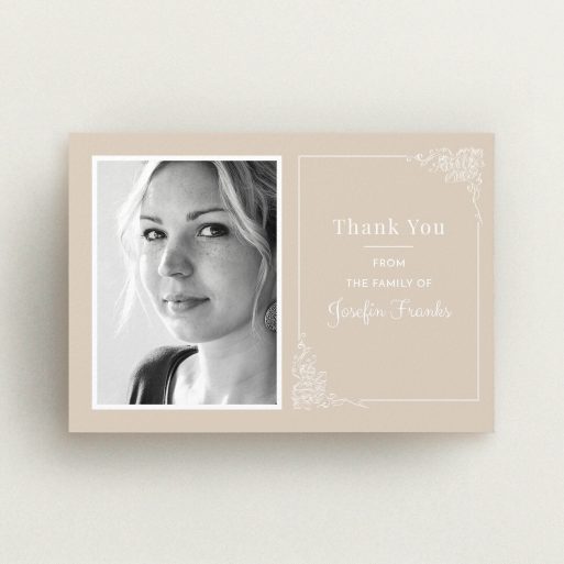 Funeral Thank You Card Design - "Peach border" A funeral thank you card design called "Peach border". It is an A6 card in a landscape orientation. It is a photographic funeral thank you card with room for 1 photo. "Peach border" is available as a flat card, with mainly dark cream colouring.
