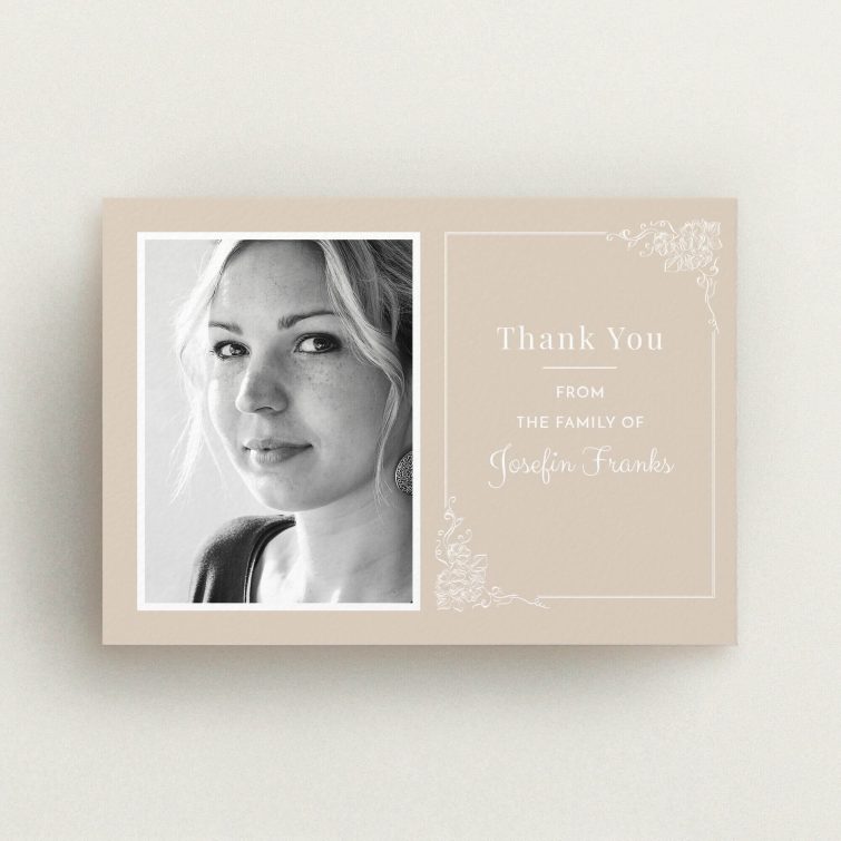 A funeral thank you card design called "Peach border". It is an A6 card in a landscape orientation. It is a photographic funeral thank you card with room for 1 photo. "Peach border" is available as a flat card, with mainly dark cream colouring.