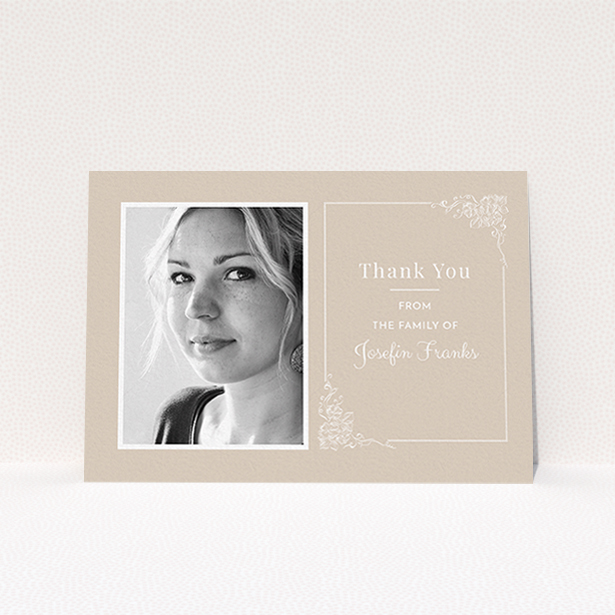 A funeral thank you card design called "Peach border". It is an A6 card in a landscape orientation. It is a photographic funeral thank you card with room for 1 photo. "Peach border" is available as a flat card, with mainly dark cream colouring.