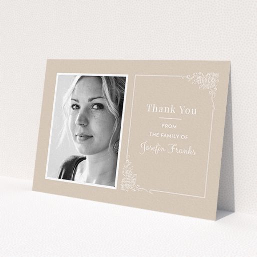 A funeral thank you card design called 'Peach border'. It is an A6 card in a landscape orientation. It is a photographic funeral thank you card with room for 1 photo. 'Peach border' is available as a flat card, with mainly dark cream colouring.