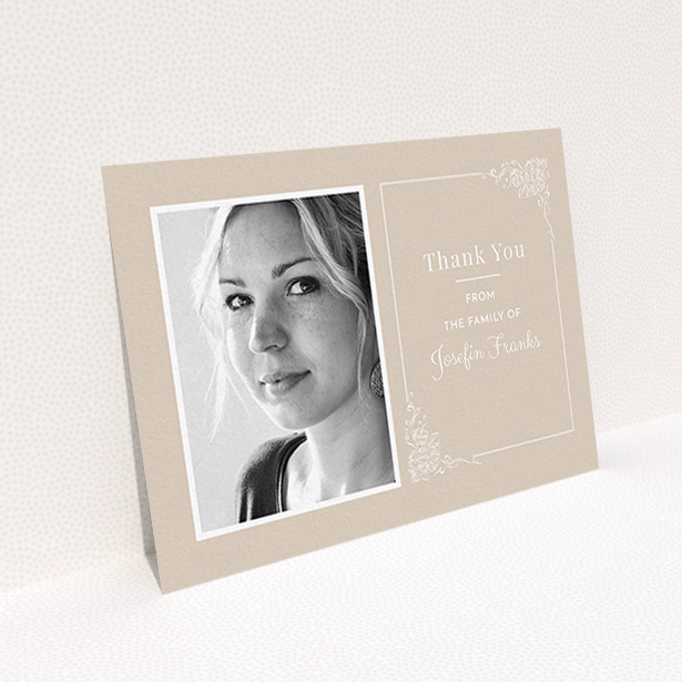 A funeral thank you card design called "Peach border". It is an A6 card in a landscape orientation. It is a photographic funeral thank you card with room for 1 photo. "Peach border" is available as a flat card, with mainly dark cream colouring.