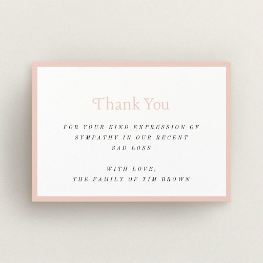 Funeral Thank You Card Design - "Pink impact" A funeral thank you card design titled "Pink impact". It is an A6 card in a landscape orientation. "Pink impact" is available as a flat card, with tones of pink and white.