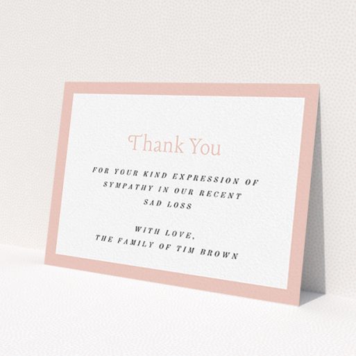 A funeral thank you card design titled 'Pink impact'. It is an A6 card in a landscape orientation. 'Pink impact' is available as a flat card, with tones of pink and white.