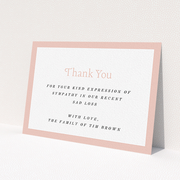 A funeral thank you card design titled "Pink impact". It is an A6 card in a landscape orientation. "Pink impact" is available as a flat card, with tones of pink and white.