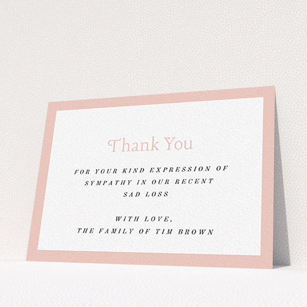 A funeral thank you card design titled "Pink impact". It is an A6 card in a landscape orientation. "Pink impact" is available as a flat card, with tones of pink and white.
