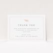 A funeral thank you card design named "Pink Olive Branch". It is an A6 card in a landscape orientation. "Pink Olive Branch" is available as a flat card, with tones of white and pink.