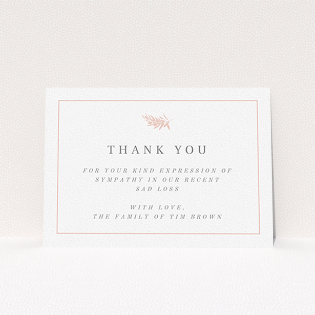 A funeral thank you card design named "Pink Olive Branch". It is an A6 card in a landscape orientation. "Pink Olive Branch" is available as a flat card, with tones of white and pink.