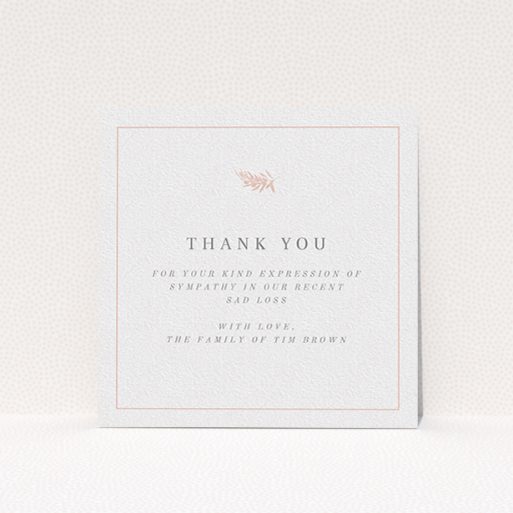 A funeral thank you card named "Pink Olive Branch". It is a square (148mm x 148mm) card in a square orientation. "Pink Olive Branch" is available as a flat card, with tones of white and pink.