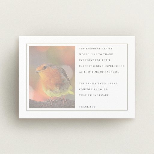 Funeral Thank You Card Design - "Remember Norton" A funeral thank you card design titled "Remember Norton". It is an A6 card in a landscape orientation. "Remember Norton" is available as a flat card, with tones of gold and red.