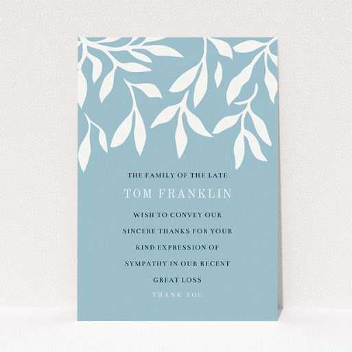 A funeral thank you card called "Remembering winter". It is an A5 card in a portrait orientation. "Remembering winter" is available as a flat card, with tones of blue and white.