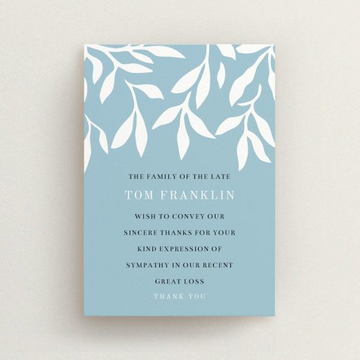 Funeral Thank You Card Design - "Remembering winter" A funeral thank you card called "Remembering winter". It is an A6 card in a portrait orientation. "Remembering winter" is available as a flat card, with tones of blue and white.