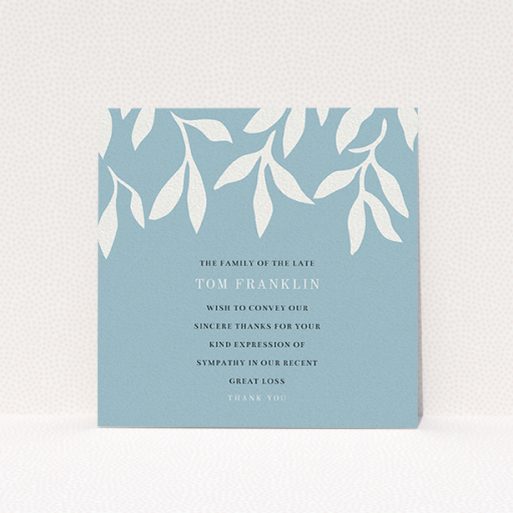 A funeral thank you card design called "Remembering winter". It is a square (148mm x 148mm) card in a square orientation. "Remembering winter" is available as a flat card, with tones of blue and white.